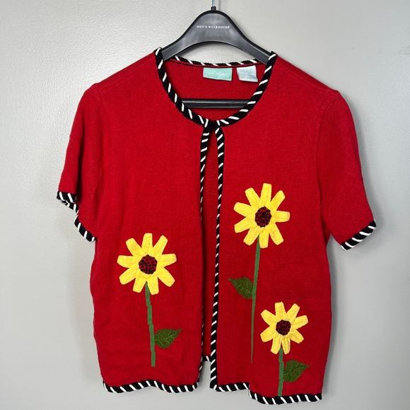 Women's 220 Hickory 90's Sunflower Daisy Flower Cottagecore Sweater Red Medium - Picture 1 of 6